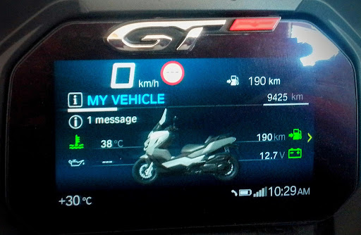 The 6.5-inch colour display showing vehicle status, with speed, range, temperature and battery voltage.