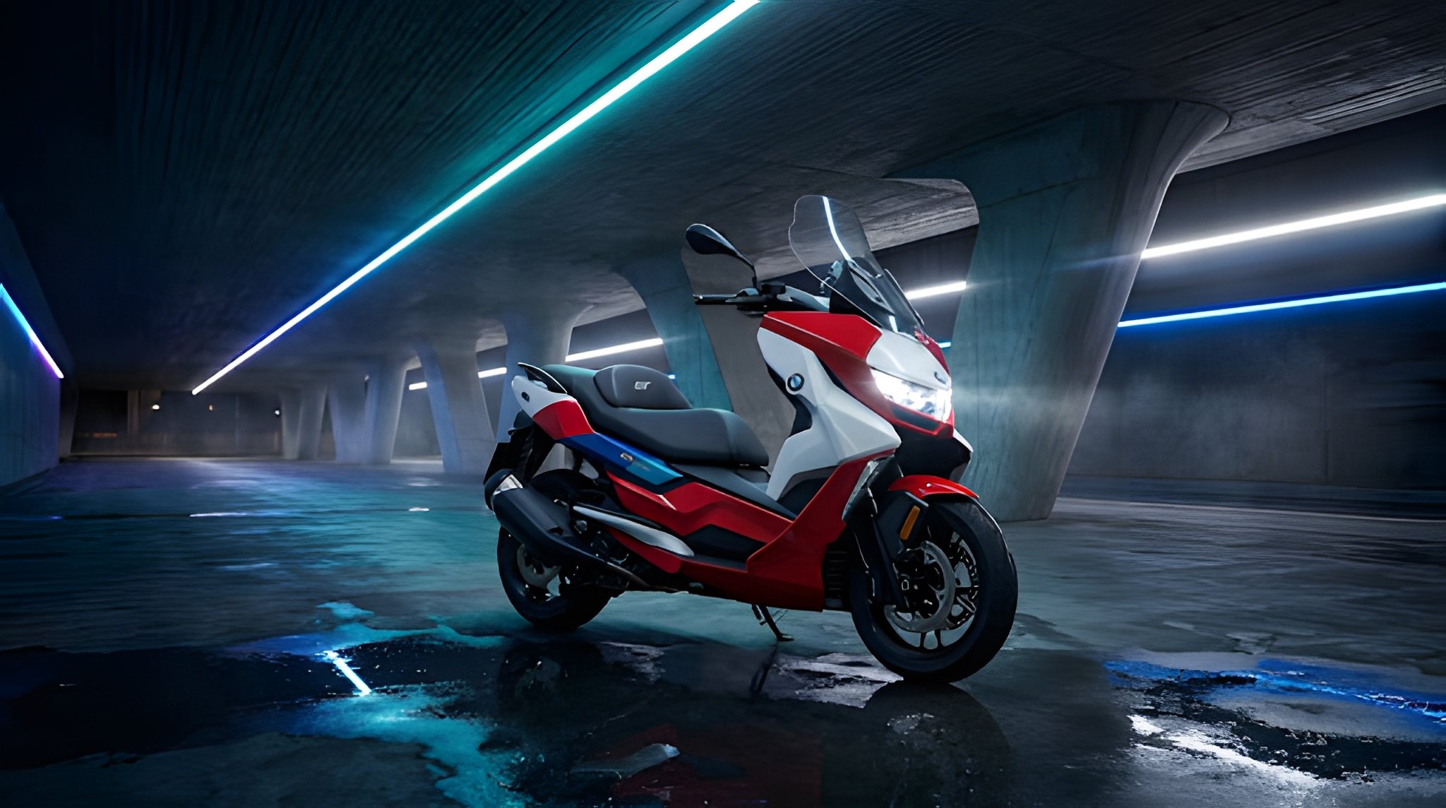 BMW C 400 GT in futuristic architectural neon tunnel