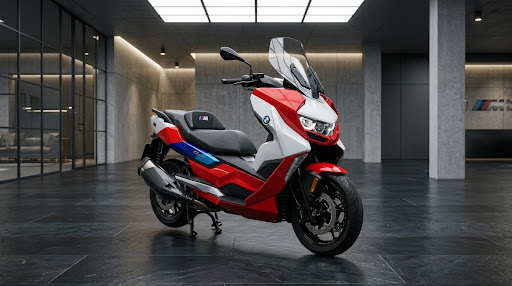 The scooter on a polished dark floor in a showroom, with a concrete pillar and glass wall behind it.